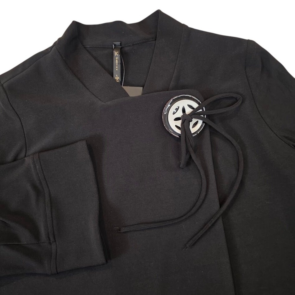IC by Connie K Women Large Jacket Black Asymmetrical Wrap Button 3/4 Sleeve NWT